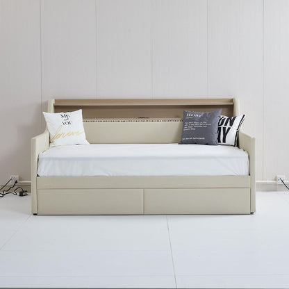 Twin Size Daybed with Storage Drawers, Upholstered Daybed with Charging Station and LED Lights, Beige