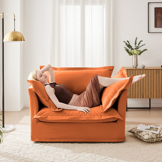 Slip-covered Armchair with 1 Big Back Cushion and 2 Big Toss Pillows, Single Deep Seat Comfy Single Couch Sofa Multiple Large Soft Pillows, Chenille Fabric, Orange