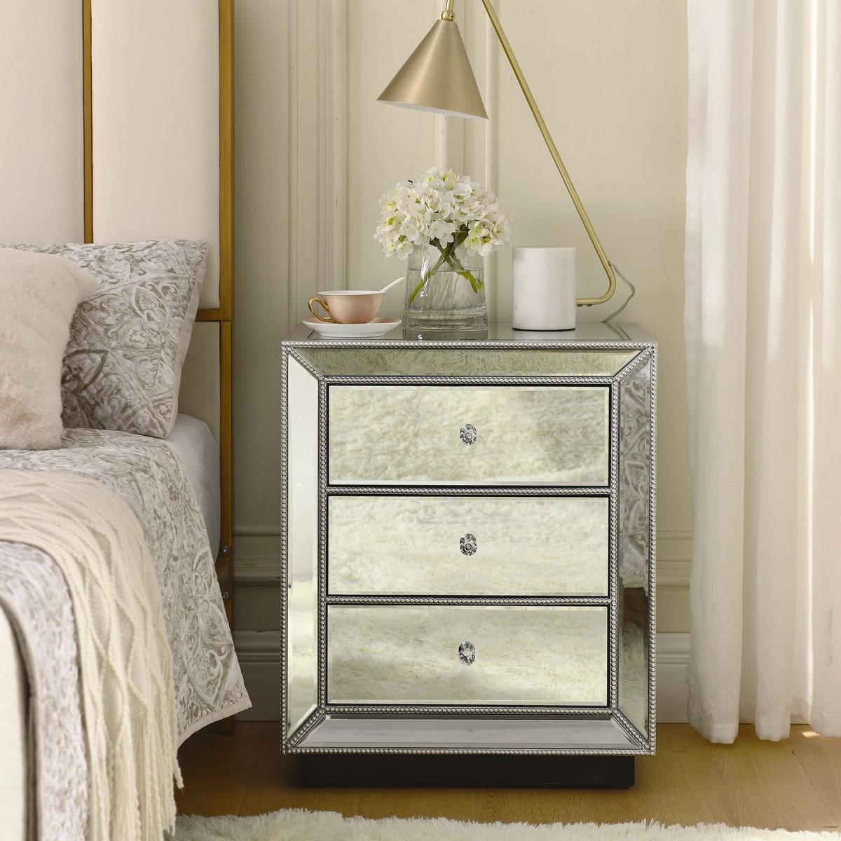 W 22"X D 16 ' X 26.8" Flash silver mirror three drawer cabinet