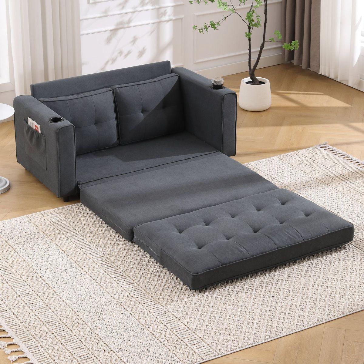3-in-1 Upholstered Futon Sofa Convertible Sofa bed,Foldable Tufted Loveseat with Pull Out Sleeper Couch Bed,Folding Mattres Love Seat Daybed W/Side Pockets and Cup Holder, Dark Gray