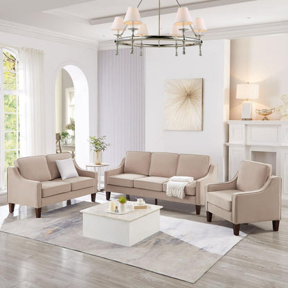 Modern 3 Piece seat Sofa Couch with Scooped Armrest/Wood legs,Upholstered Velvet 3-seat Sofa with Removable Cushions for Livingroom Bedroom,Taupe