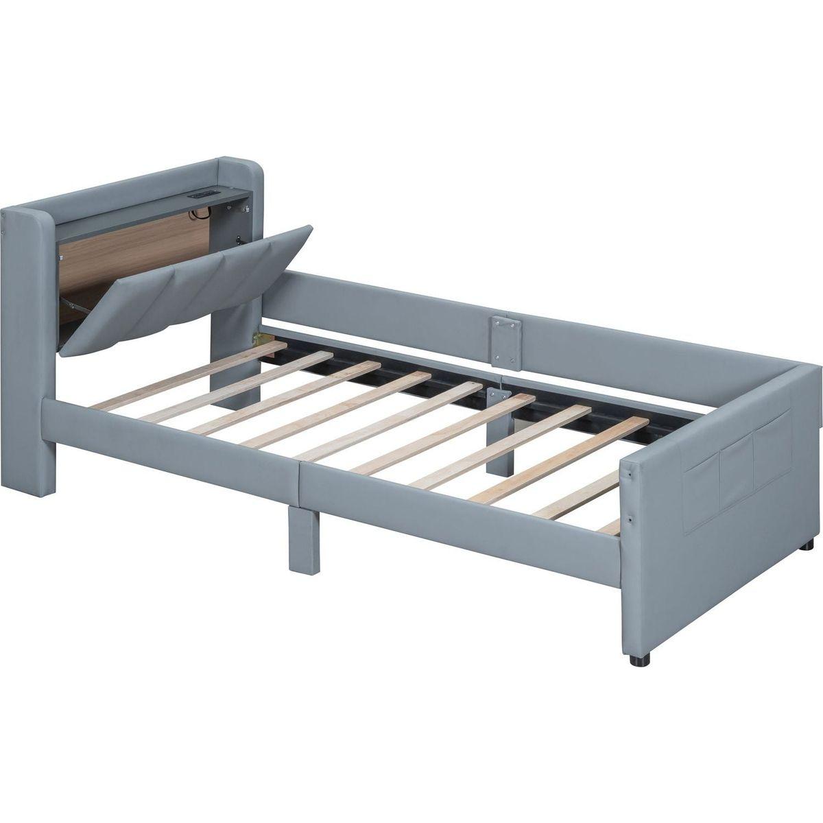 Queen Size & Twin XL Size Upholstered Platform Bed, Mother & Child Bed with Hydraulic Storage System, Drawer Box, Bedhead storage shelf and Two pairs of sockets & USB Ports, PU Leather, Gray