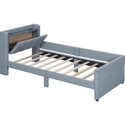 Queen Size & Twin XL Size Upholstered Platform Bed, Mother & Child Bed with Hydraulic Storage System, Drawer Box, Bedhead storage shelf and Two pairs of sockets & USB Ports, PU Leather, Gray
