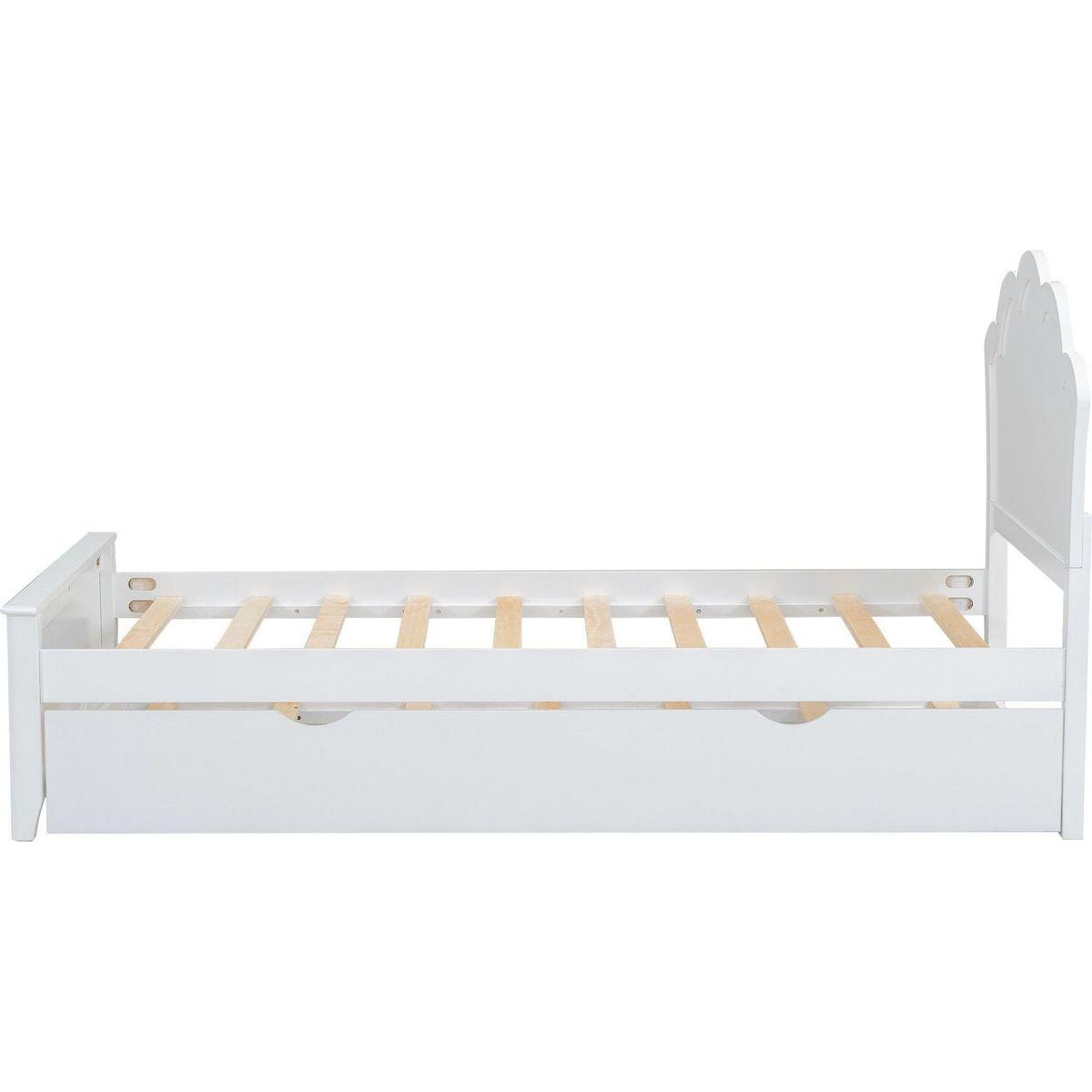 Twin Size Wood Platform Bed with Headboard and Twin Size Trundle, White