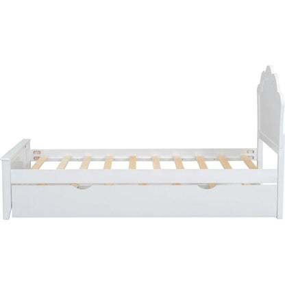 Twin Size Wood Platform Bed with Headboard and Twin Size Trundle, White