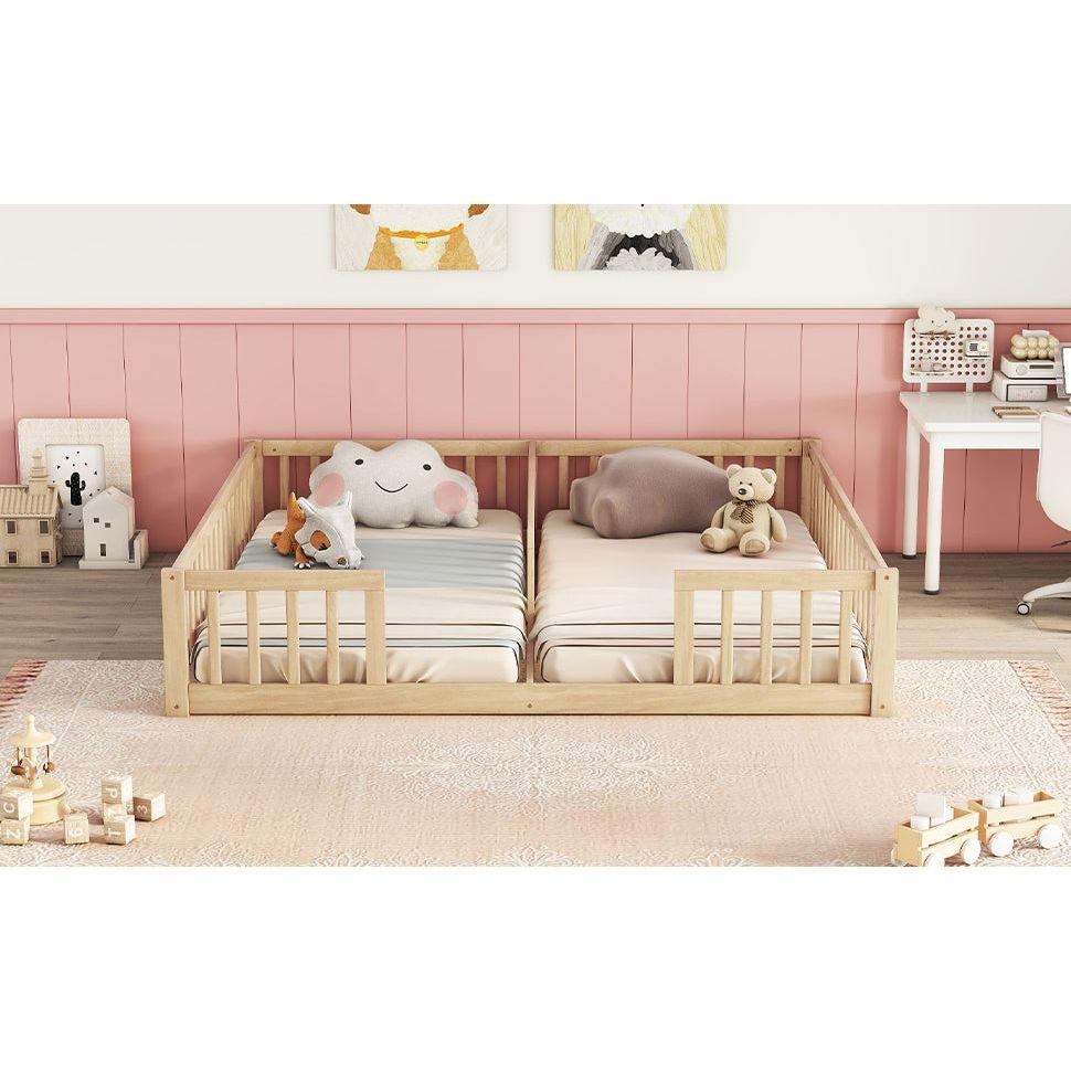 Double Twin Floor Bed with Fence, Guardrails, without door, Natural