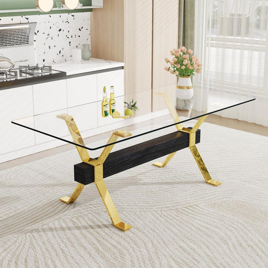 Dining table. Modern tempered glass dining table. Large modern office desk with gold metal legs and MDF crossbars, suitable for home and office use. Kitchen .71 "x35.4"x30 " 1105