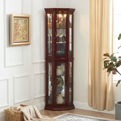 Corner Curio Cabinet with Lights, Adjustable Tempered Glass Shelves, Mirrored Back, Display Cabinet,Cherry (E26 light bulb not included)