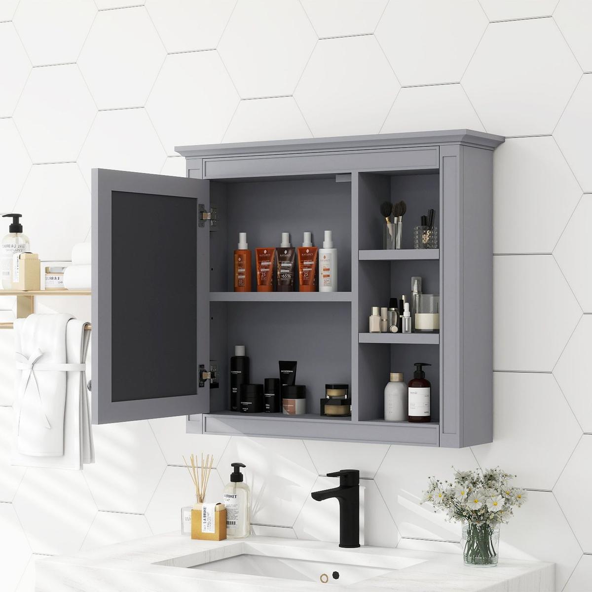 30" x 28" Medicine Cabinet, Wall Mounted Bathroom Storage Cabinet, Modern Bathroom Wall Cabinet with Mirror,Medicine Cabinet, Mirror Cabinet with 3 Open Shelves (Not Include Bathroom Vanity) - Streamdale Furniture