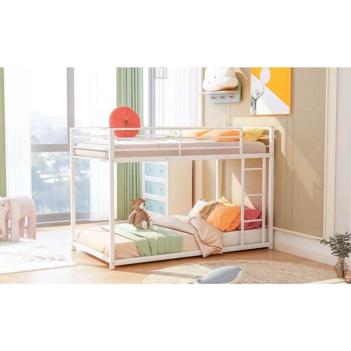 Twin over Twin Metal Bunk Bed, Low Bunk Bed with Ladder,White