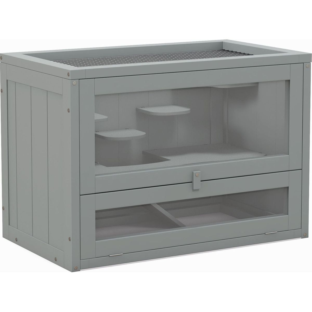 2-Level Hamster Cage Mice and Rat House, Small Animal Habitat for Guinea Pigs, Chinchillas with Openable Top, Front Door, Shelf and Ladder, Gray