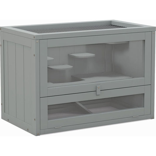 2-Level Hamster Cage Mice and Rat House, Small Animal Habitat for Guinea Pigs, Chinchillas with Openable Top, Front Door, Shelf and Ladder, Gray
