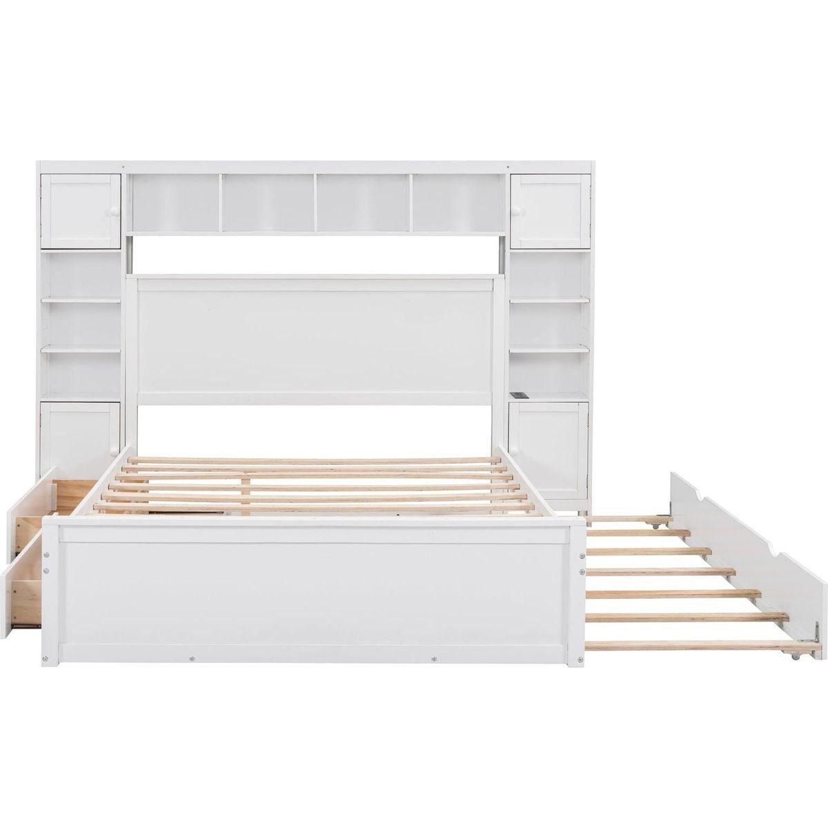 Queen Size Wooden Bed With All-in-One Cabinet, Shelf and Sockets, White