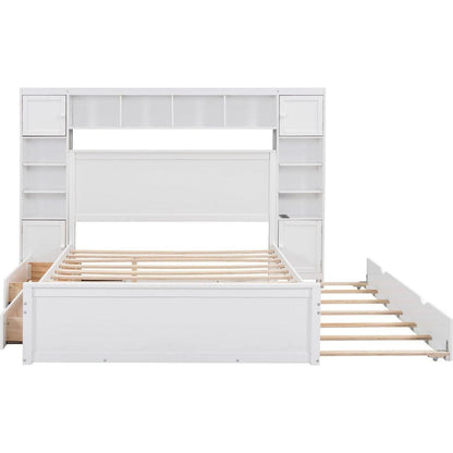 Queen Size Wooden Bed With All-in-One Cabinet, Shelf and Sockets, White