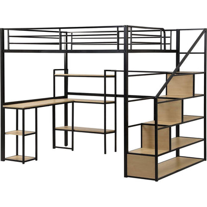 Full Size Metal Loft bed with Staircase, Built-in Desk and Shelves, Black