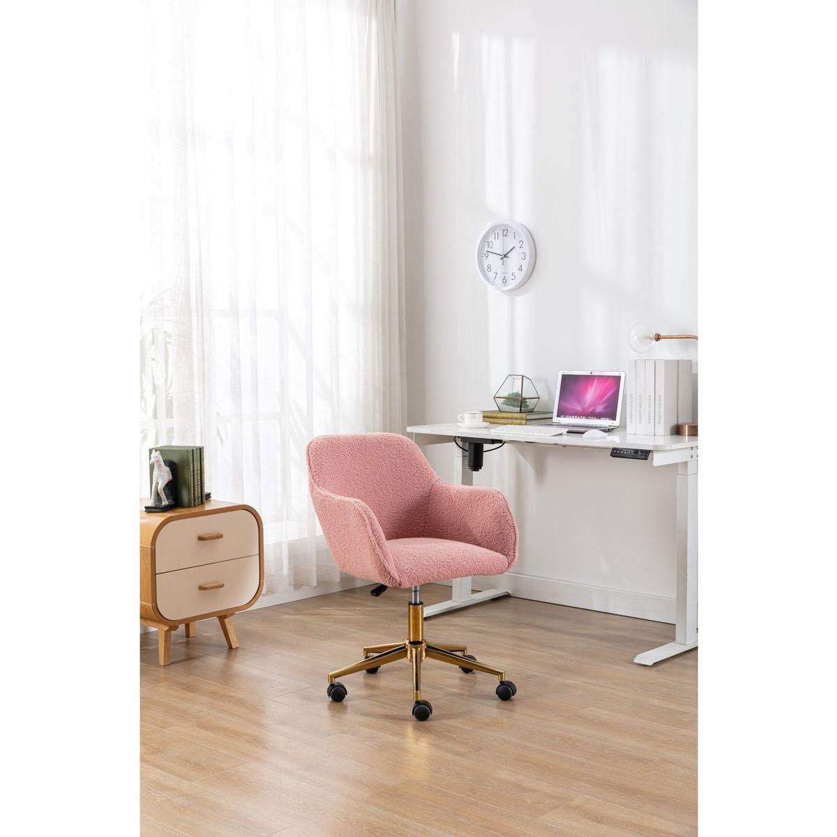 Modern Teddy Fabric Material Adjustable Height 360 Revolving Home Office Chair With Gold Metal Legs And Universal Wheel For Indoor,Pink