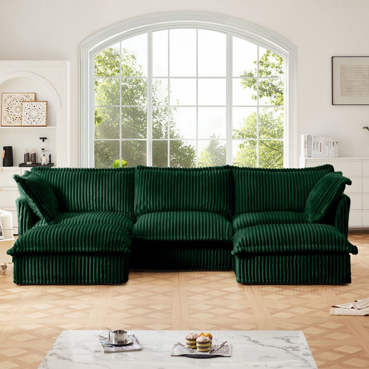 Slipcovered U Shape Sectional Deep Seat Sofa Couch, 3 Seater Sofa with French Edges Design Multiple Big Pillows, Modular Deep Seat Sectional Sofa Comfy Cloud Couch for Living Room, Apartment, Green