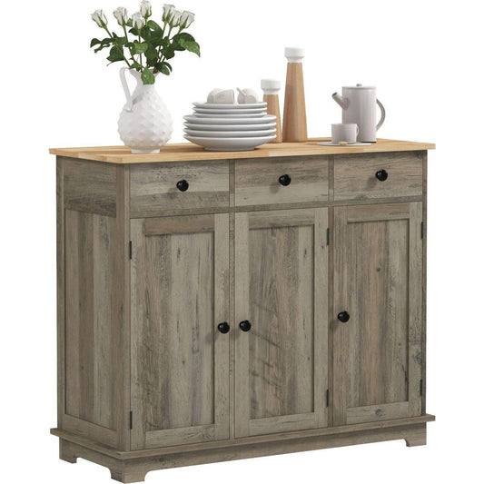 Sideboard with Solid Wood Countertop, Modern Kitchen Storage Cabinet, Coffee Bar Cabinet with 3 Drawers, Doors and Adjustable Shelf, Distressed Gray
