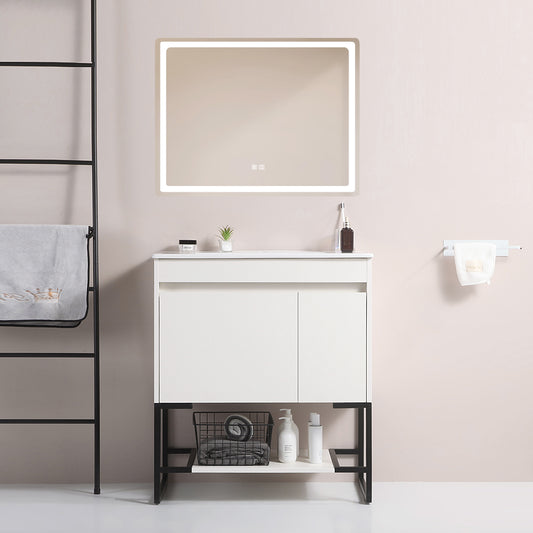 30" Bathroom Vanity with Sink,Bathroom Vanity Cabinet with One Soft Close Cabinet Doors & soft-close Drawers,Bathroom Storage Cabinet with a Lower Open Shelf,with Metal Legs,White Ceramic Sink,White