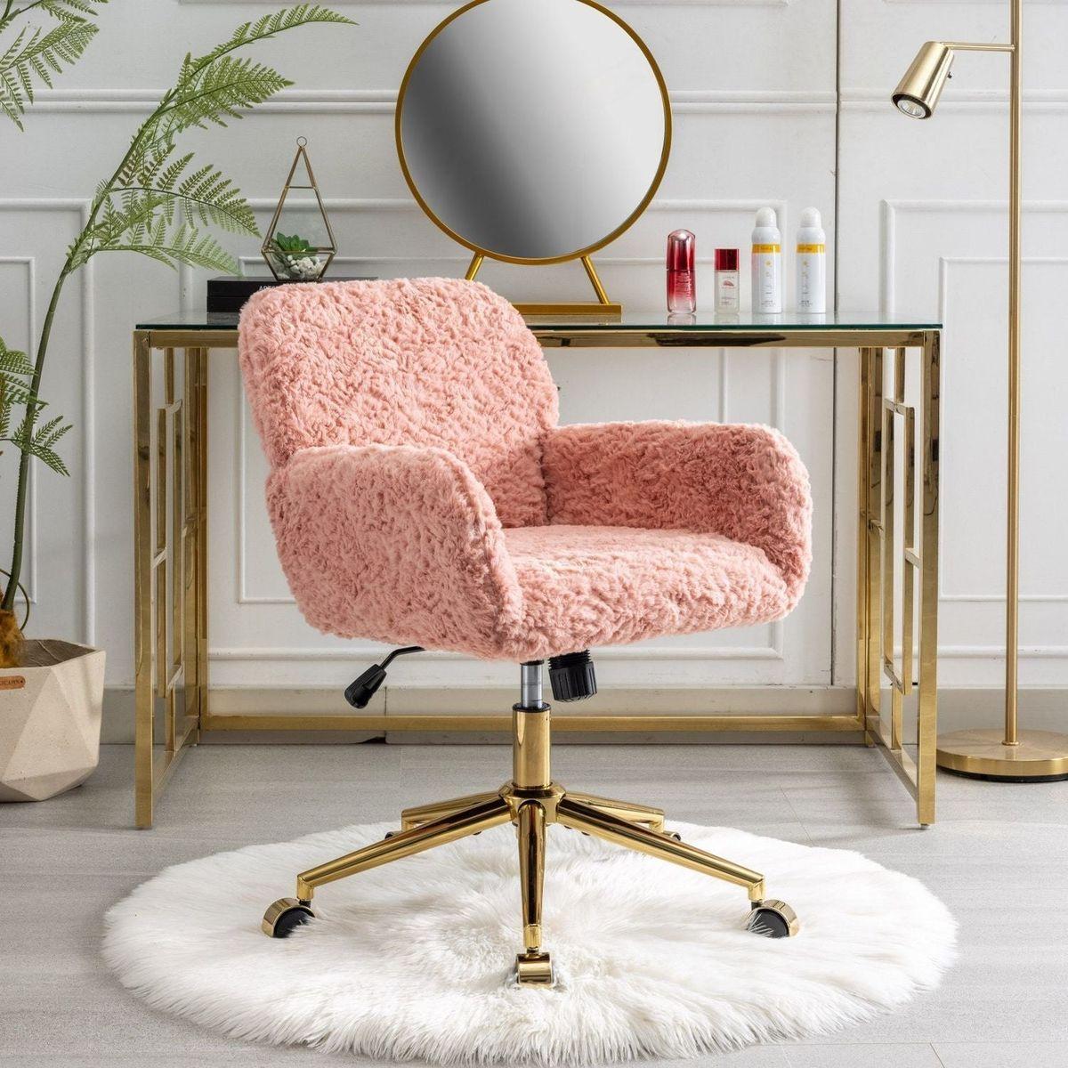 Office Chair,Artificial rabbit hair Home Office Chair with Golden Metal Base,Adjustable Desk Chair Swivel Office Chair,Vanity Chair(Pink)