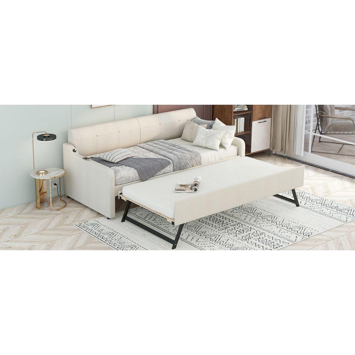 Twin Size Upholstery Daybed with Trundle and USB Charging Design,Trundle can be flat or erected,Beige