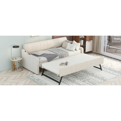 Twin Size Upholstery Daybed with Trundle and USB Charging Design,Trundle can be flat or erected,Beige