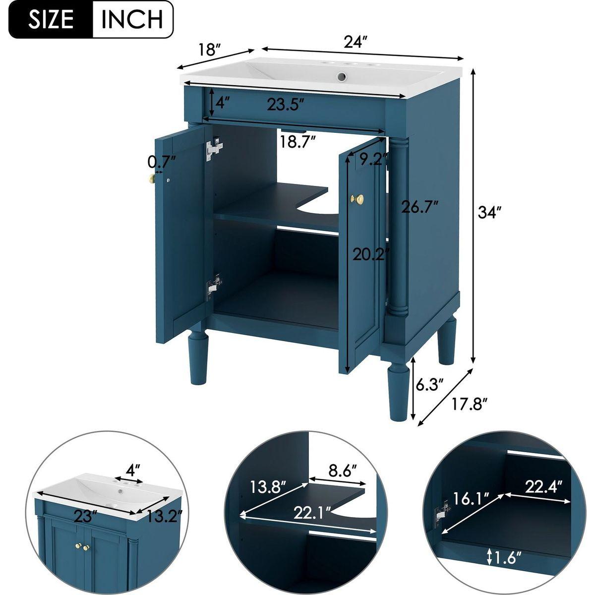 24" Bathroom Vanity with Top Sink, 2-Tier Modern Bathroom Storage Cabinet, Single Sink Bathroom Vanity, Large Storage Shelves