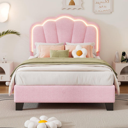 Twin Size Upholstered Flower-Shape Bed, Elegant Flowers Headboard with LED Light Strip, Sherpa Fabric Platform Bed with Wooden Slats Support, Pink