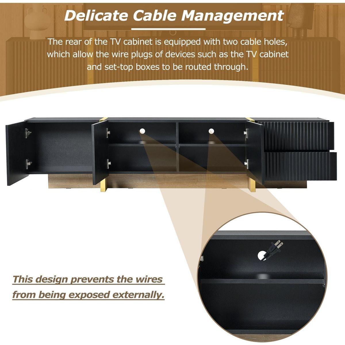 Luxury Fluted TV Stand for TVs Up to 80", Modern Entertainment Center with Storage Cabinets & Drawers, Smooth Media Console with Golden Wood Grain Legs for Living Room, Black