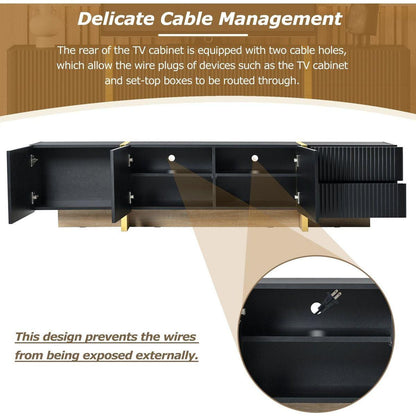 Luxury Fluted TV Stand for TVs Up to 80", Modern Entertainment Center with Storage Cabinets & Drawers, Smooth Media Console with Golden Wood Grain Legs for Living Room, Black