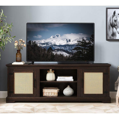 Farmhouse Rattan TV Stand Console Table for TVs up to 70 Inches, TV Console Table with 2 Storage Shelves, 2 Natural Rattan Door Cabinets, 65"Wx15.55"Dx23.86"H, Espresso