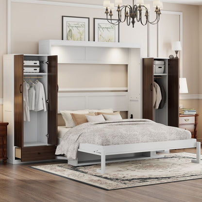 Queen Size Murphy Bed Wall Bed with Closet ,Drawers and Table,White