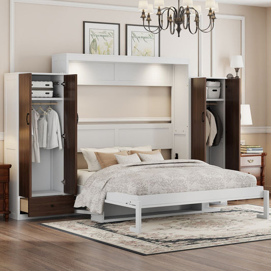 Queen Size Murphy Bed Wall Bed with Closet ,Drawers and Table,White