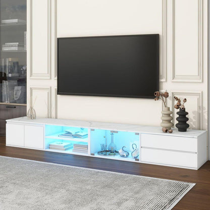 Modern APP Controlled LED TV Stand for TVs Up to 105", Faux Marble Tabletop Media Console with Tempered Glass Doors, Entertainment Center with 2 Drawers & Cabinets for Living Room, White