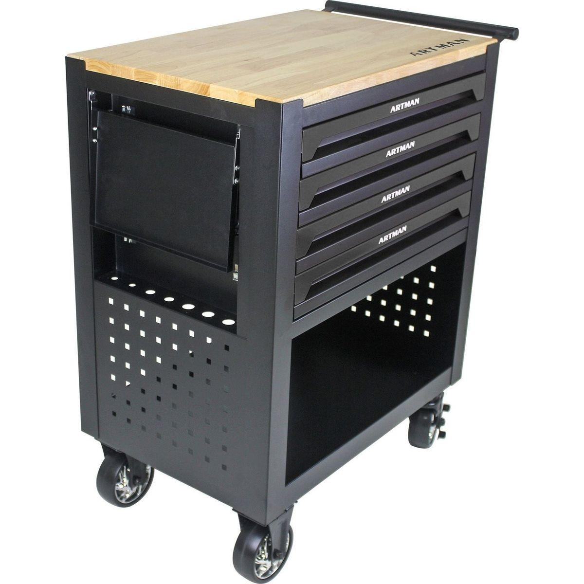 4 DRAWERS MULTIFUNCTIONAL TOOL CART WITH WHEELS AND WOODEN TOP-BLACK