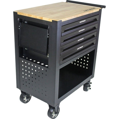 4 DRAWERS MULTIFUNCTIONAL TOOL CART WITH WHEELS AND WOODEN TOP-BLACK