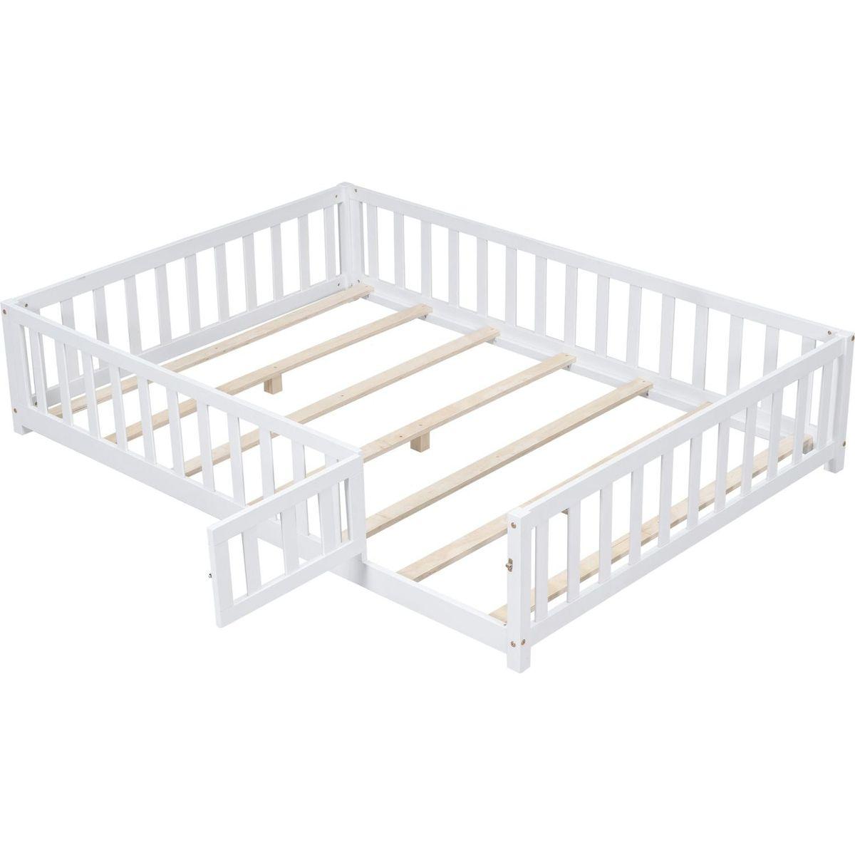 Full Size Floor Platform Bed with Fence and Door for Kids, Montessori Floor Bed Frame with Support Slats for Toddlers, Wooden Floor Bed White