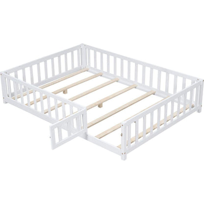 Full Size Floor Platform Bed with Fence and Door for Kids, Montessori Floor Bed Frame with Support Slats for Toddlers, Wooden Floor Bed White