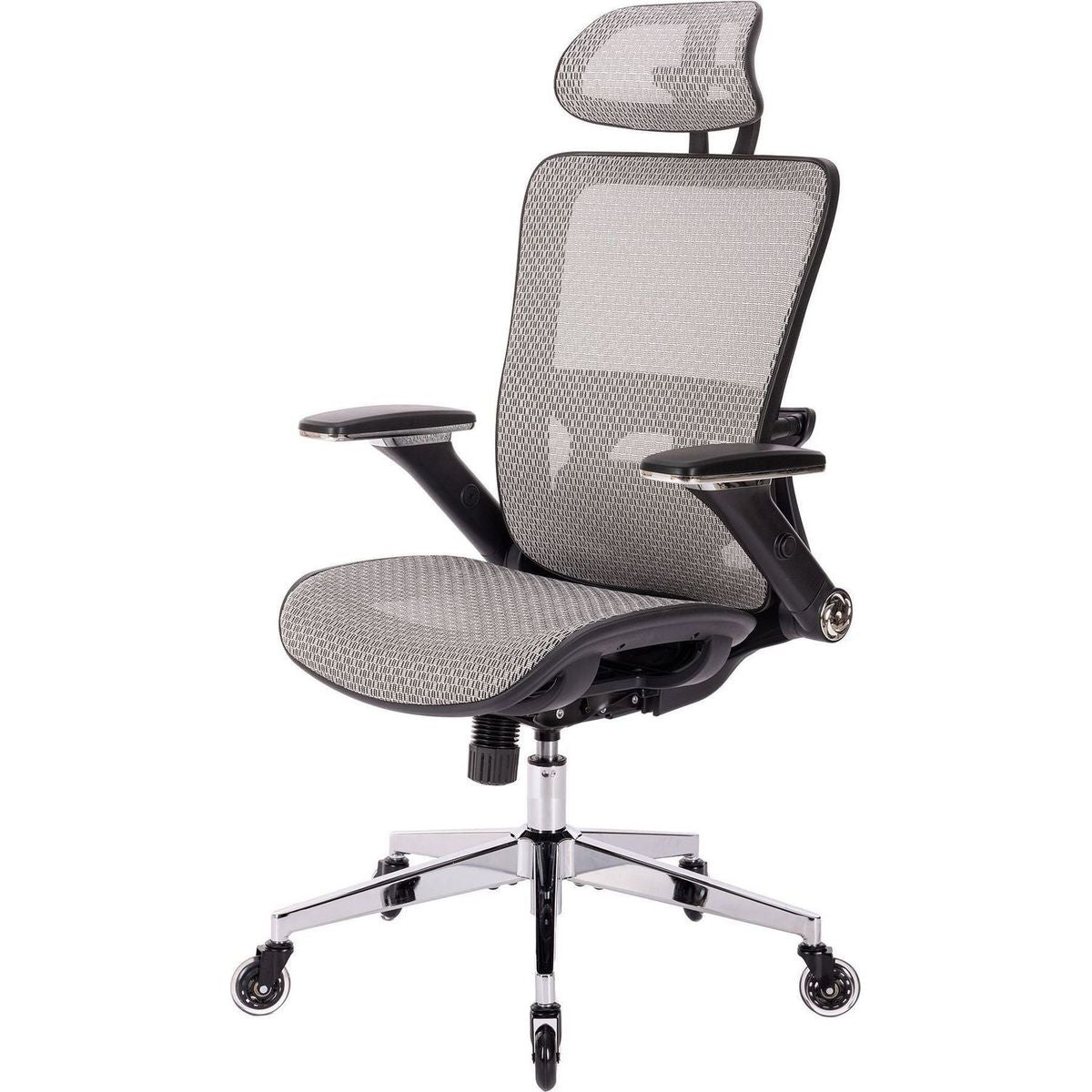 GREY Ergonomic Mesh Office Chair, High Back - Adjustable Headrest with Flip-Up Arms, Tilt and lock Function, Lumbar Support and blade Wheels, KD chrome metal legs