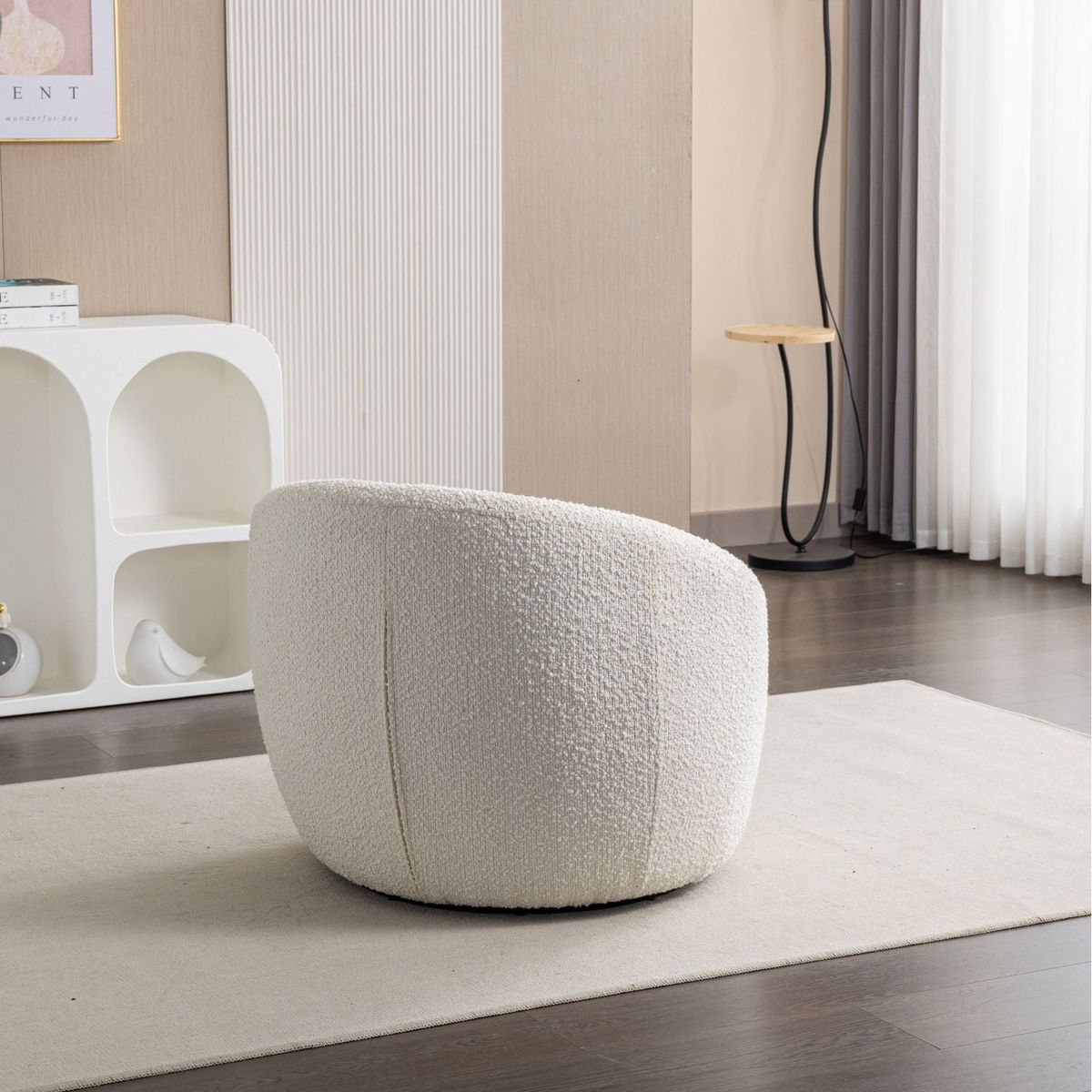 Winnie Modern Teddy Boucle Fabric Barrel Chair, 360 Swivel, White