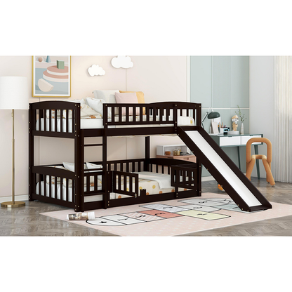 Bunk Bed with Slide,Twin Over Twin Low Bunk Bed with Fence and Ladder for Toddler Kids Teens Espresso