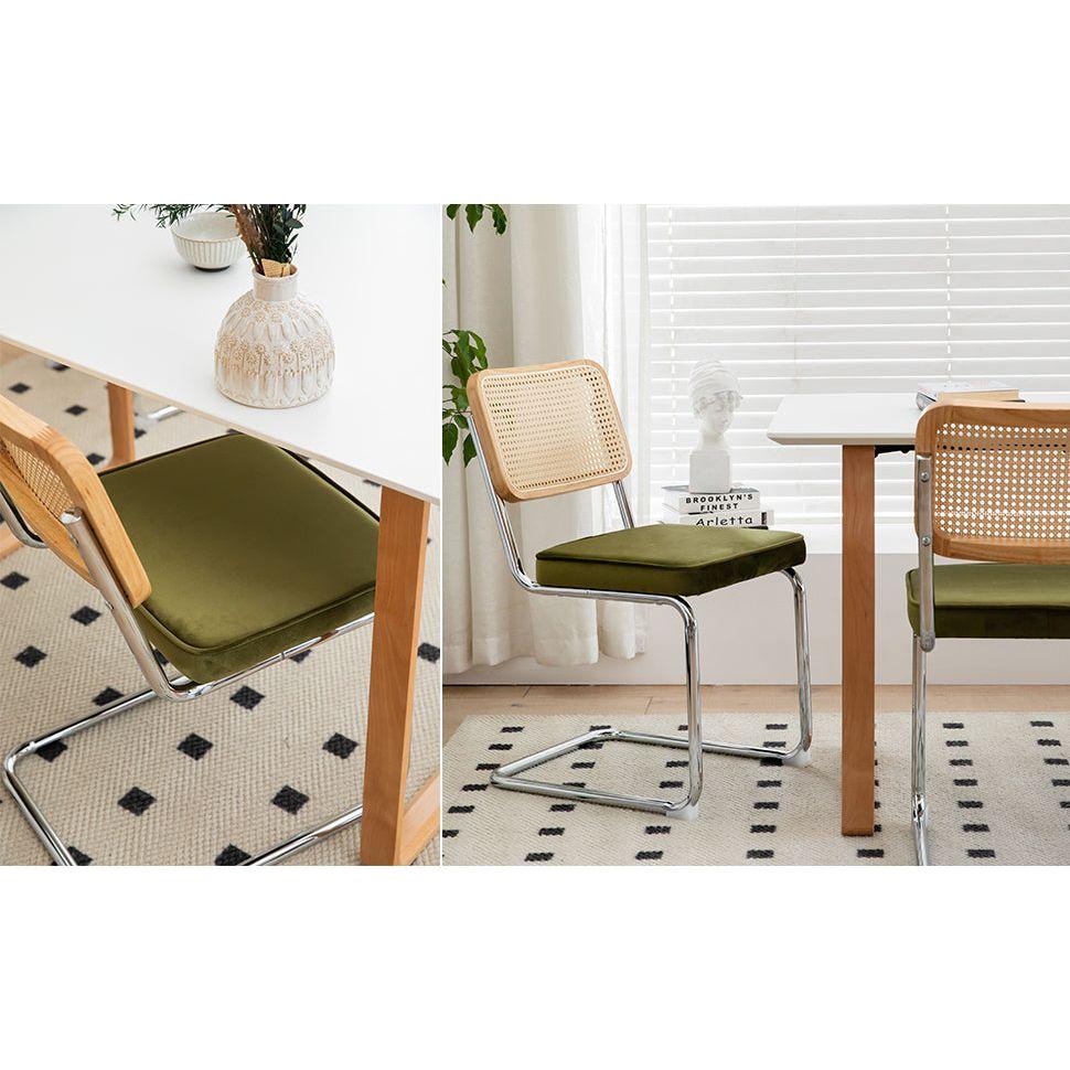 Dining Chairs Set of 2, Velvet Rattan Side Accent Chairs with Chrome Legs, Modern Mid Century Breuer Designed Chairs, Upholstered Dining Living Room Kitchen Chairs (Olive Green-2pcs)
