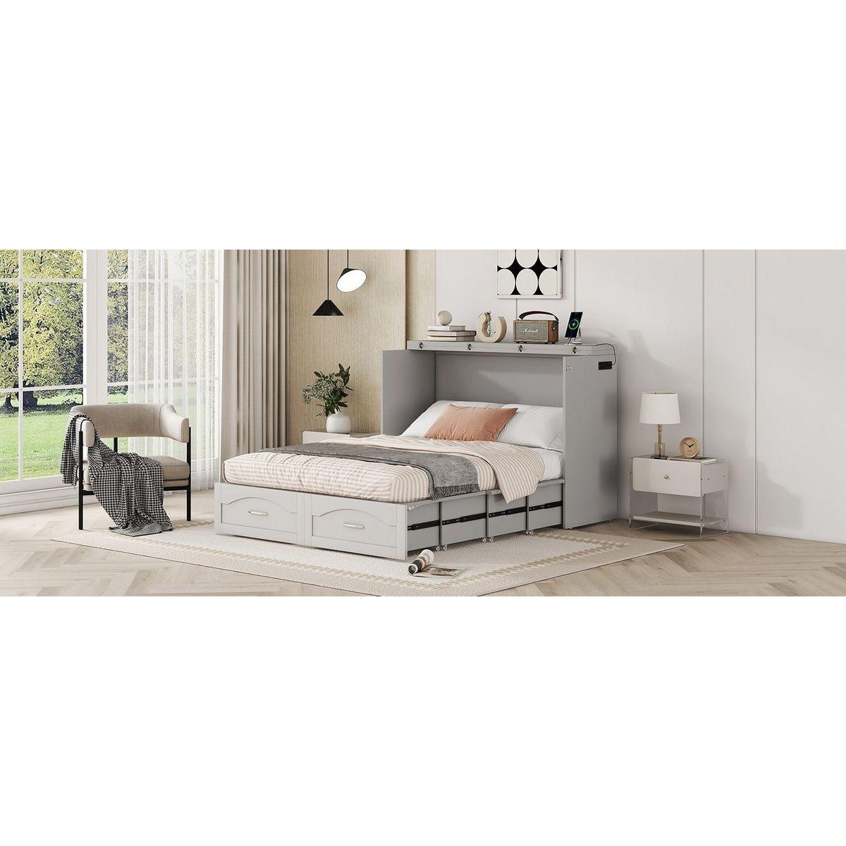 Full Size Murphy Bed Wall Bed with drawer and a set of Sockets & USB Ports, Pulley Structure Design, Gray