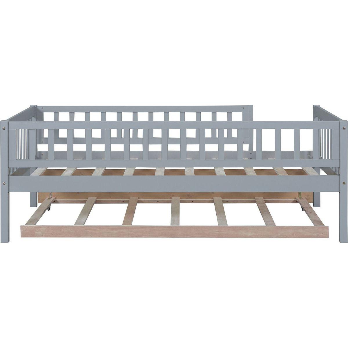 Twin Size Wood Daybed with Trundle and Fence Guardrails, Gray