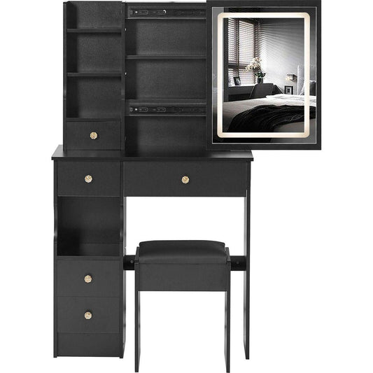 Small Size Left Drawer Desktop Vanity Table + Cushioned Stool, Touch Control Sliding LED Mirror, Tri-color Switching, Brightness Adjust, Multi Layer, Suitable for Small Space, EPA,GCC,UL Certificate
