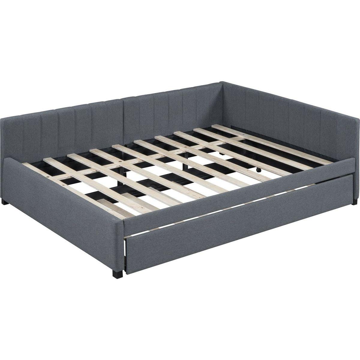 Full Size Upholstered Daybed with Trundle Sofa Bed Frame No Box Spring Needed, Linen Fabric(Gray)