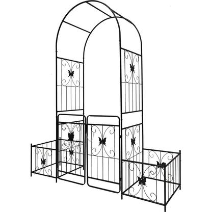 Metal Garden Arch with Gate 79.5" Wide x 86.6" High Climbing Plants Support Rose Arch Outdoor Black