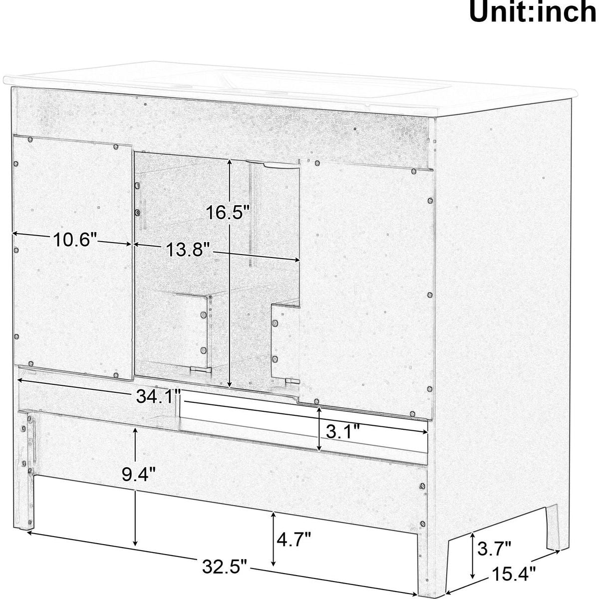 36" Bathroom Vanity with Sink, Multi-functional Bathroom Cabinet with Doors and Drawers, MDF Frame and MDF Board, Black