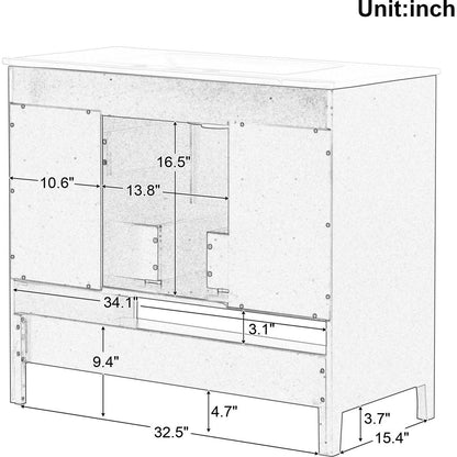 36" Bathroom Vanity with Sink, Multi-functional Bathroom Cabinet with Doors and Drawers, MDF Frame and MDF Board, Black