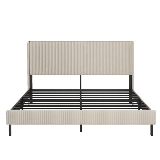 King Size Platform Bed, Metal Frame with Charging Station, Beige, Wood and Metal, 79.92 x 77.95 x 47.24 inches